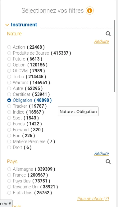 Filtre "Nature" sur la recherche avancée Bourse Direct, sélection Obligation