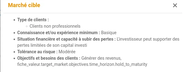 Fiche "Marché Cible" affichée sur une obligation chez Bourse Direct